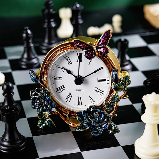 bordorsse Mini Tabletop Clock, Decorative Vintage Floral Metal Table Clock with Battery Operated for Bedside, Table, Living Room, Home and Office