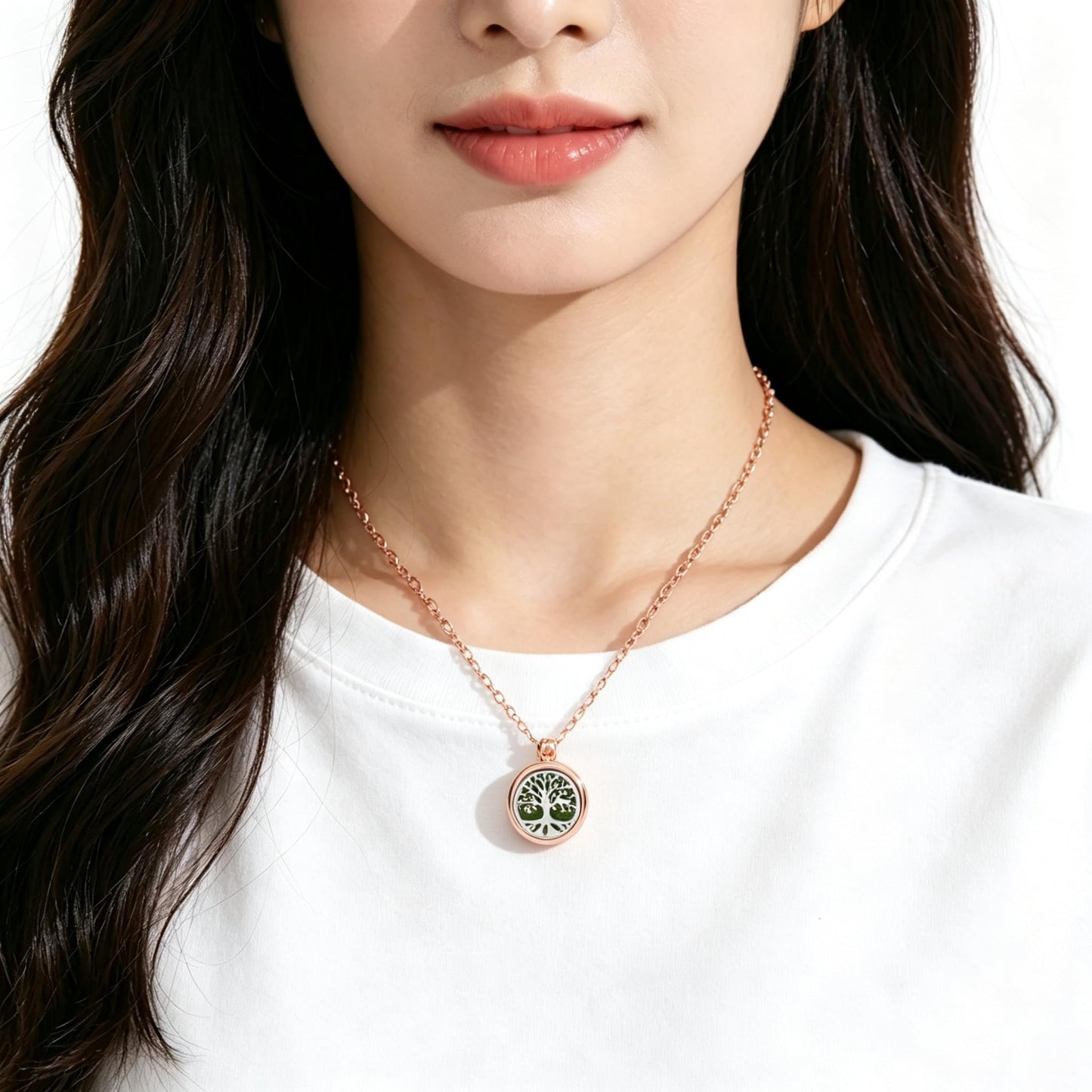 4-Piece Rose Gold Tree of Life Aromatherapy Necklace Set, Essential Oil Diffuser Pendant, Women's Stainless Steel Fragrance Jewelry, Includes Replacement Cotton Pads