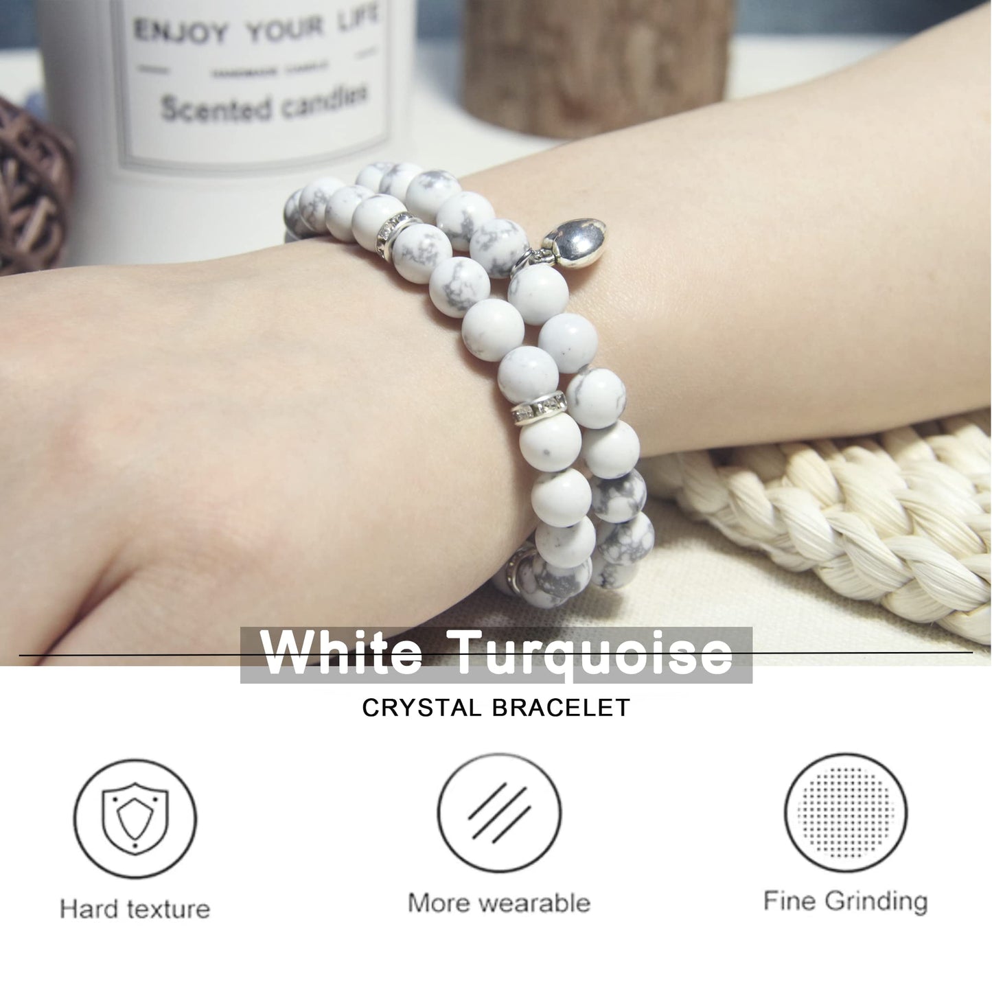 GDLKPYHS Healing Bracelets for Women - White Turquoise Bracelet - Healing Prayers Crystal Bracelet, 8mm Natural Stone Stress Relief Yoga Beads Get Well Soon Gifts