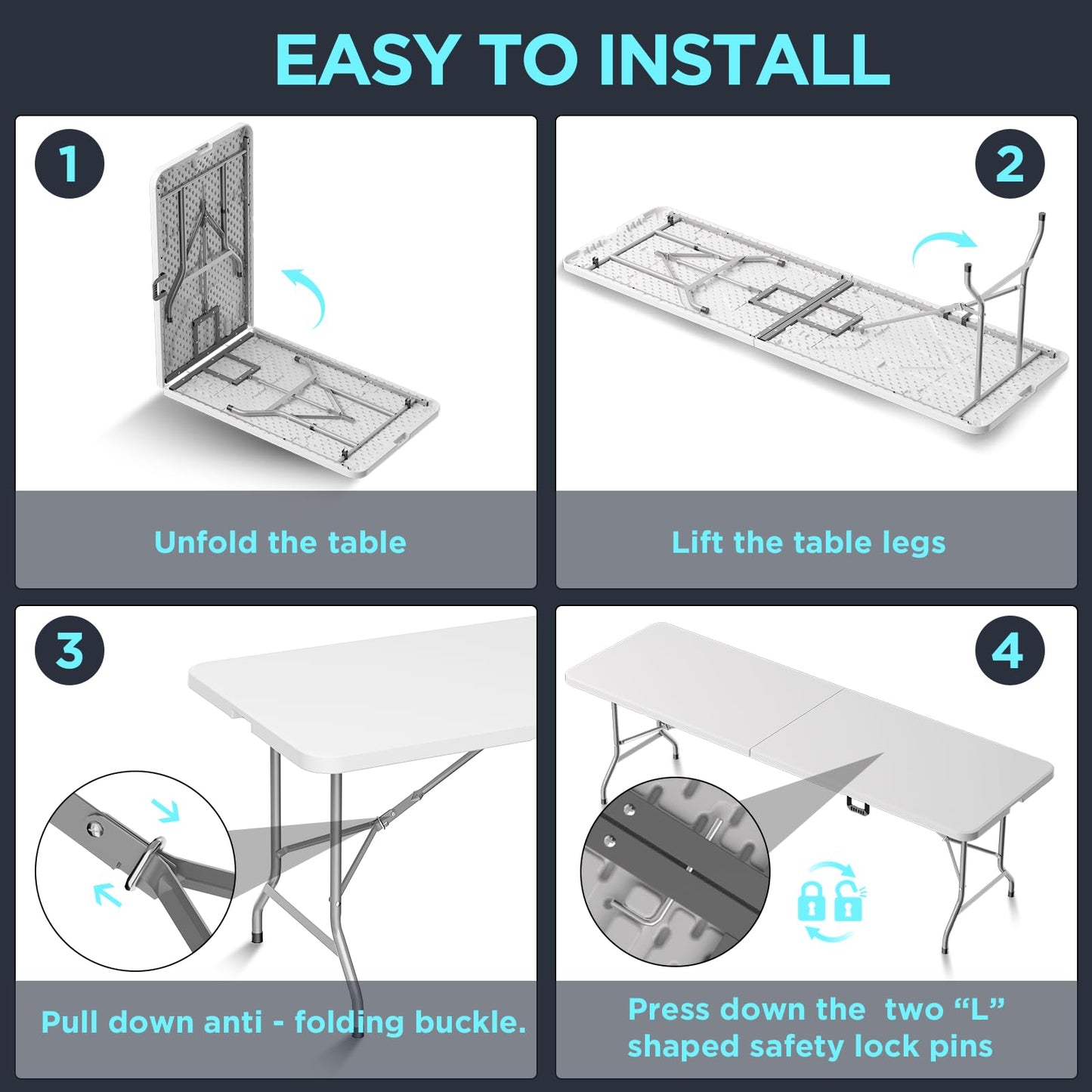 HLPB Folding Table Picnic Table, 8 ft Portable Camping Table with Handle and Safety Locks, Foldable Table Plastic Dining Table Indoor Outdoor for Camping, Picnic and Party