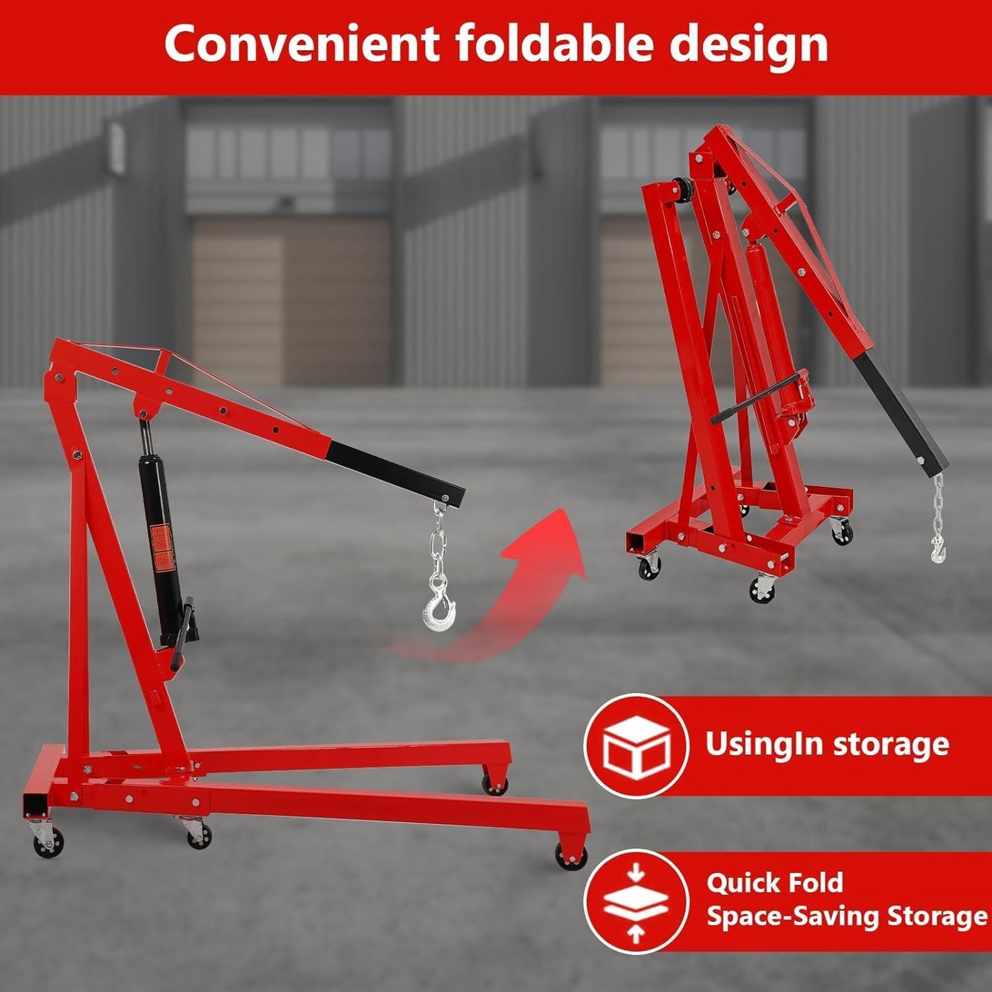 MilleLoom 2 Ton Hydraulic Engine Hoist, 4400LBS Heavy Duty Cherry Picker Engine Hoist Lift with 6 Casters, Folding Crane Lifter with Telescopic Boom, for Workshop, Warehouse, Red