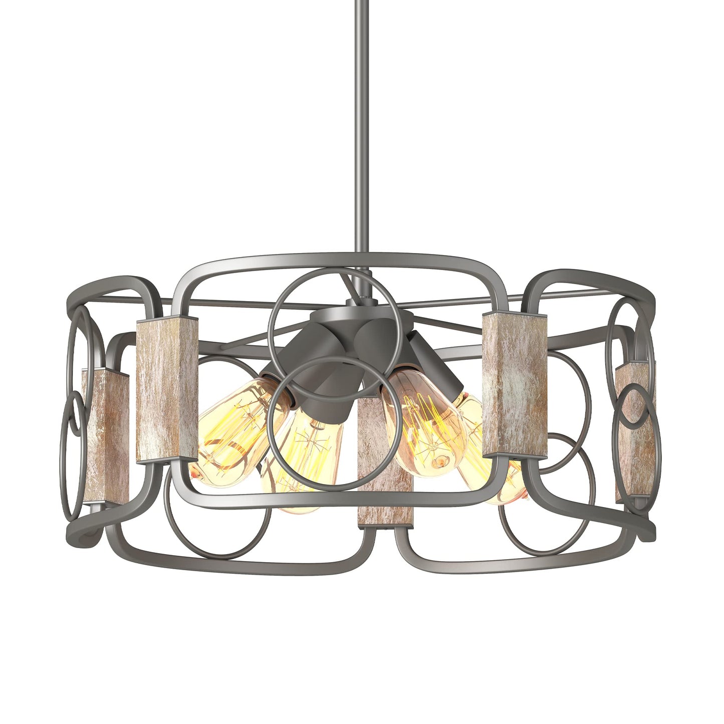 Inlight 16" Modern Farmhouse 4-Light Drum Island Chandelier with Distressed Wood Accents, Brushed Silver Gray Finish, Semi-Flush Convertible Pendant, IN-0336-4-WD