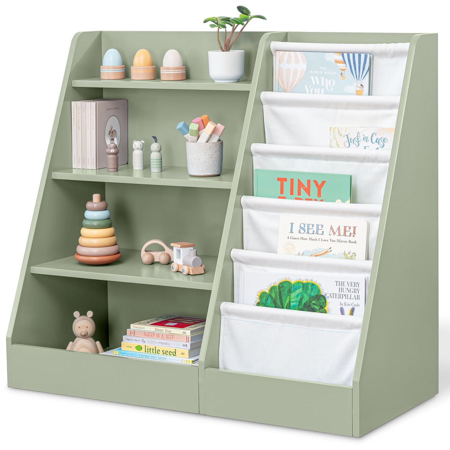 Comfy Cubs Kids Bookshelf 35.2 x 15.7 x 31.5 Inches - Sturdy MDF Montessori Book Shelf with Soft & Hard Shelves for Toys & Books - Child-Friendly, Easy Access Storage Organizer for Kids - Sage