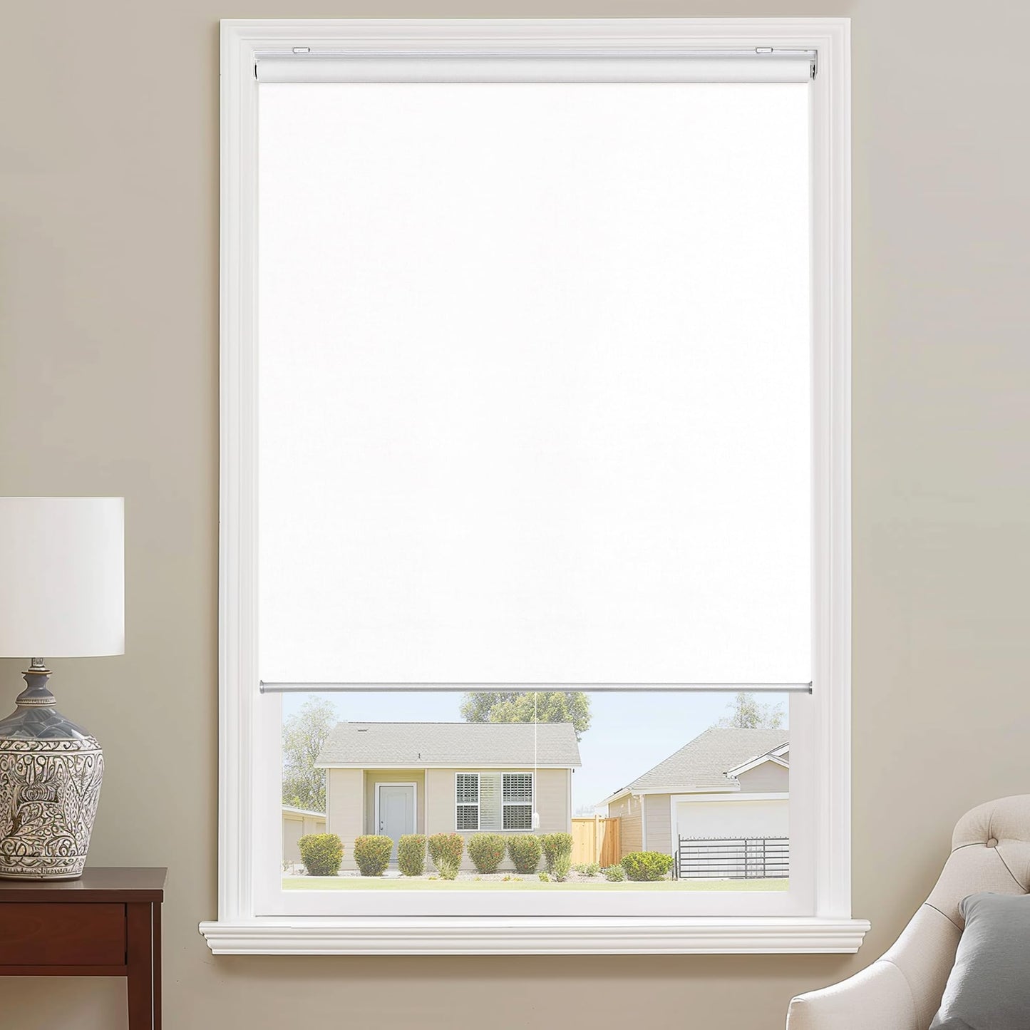 ChrisDowa Cordless 100% Blackout Roller Shade, with Striped Jacquard, Thermal Insulated, UV Protection Fabric, Total Blackout Blinds for Window, French Doors, Home and Office. White, 36" W x 72" H