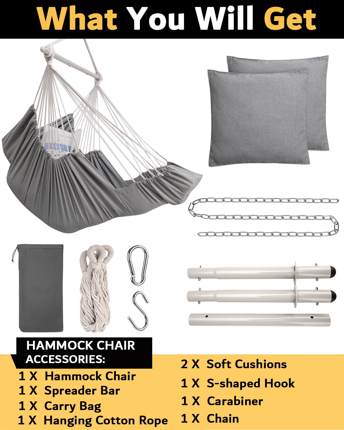 Miztli Hammock Chair Hanging Chair Swing for Bedroom with Foot Rest, Max 500 Lbs, Steel Spreader Bar with Anti-Slip Rings-2 Cushions Included-Indoor and Outdoor