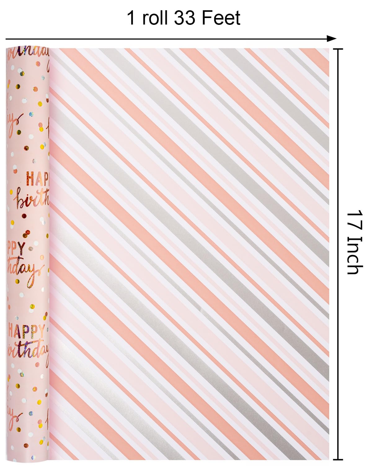 MAYPLUSS Birthday Wrapping Paper Roll, Pink Metallic Holographic Happy Birthday Wrapping Paper Featuring Revesible Stripe Gift Wrap Paper for Girls Boys Kids Men, 17 Inches x 33 Feet