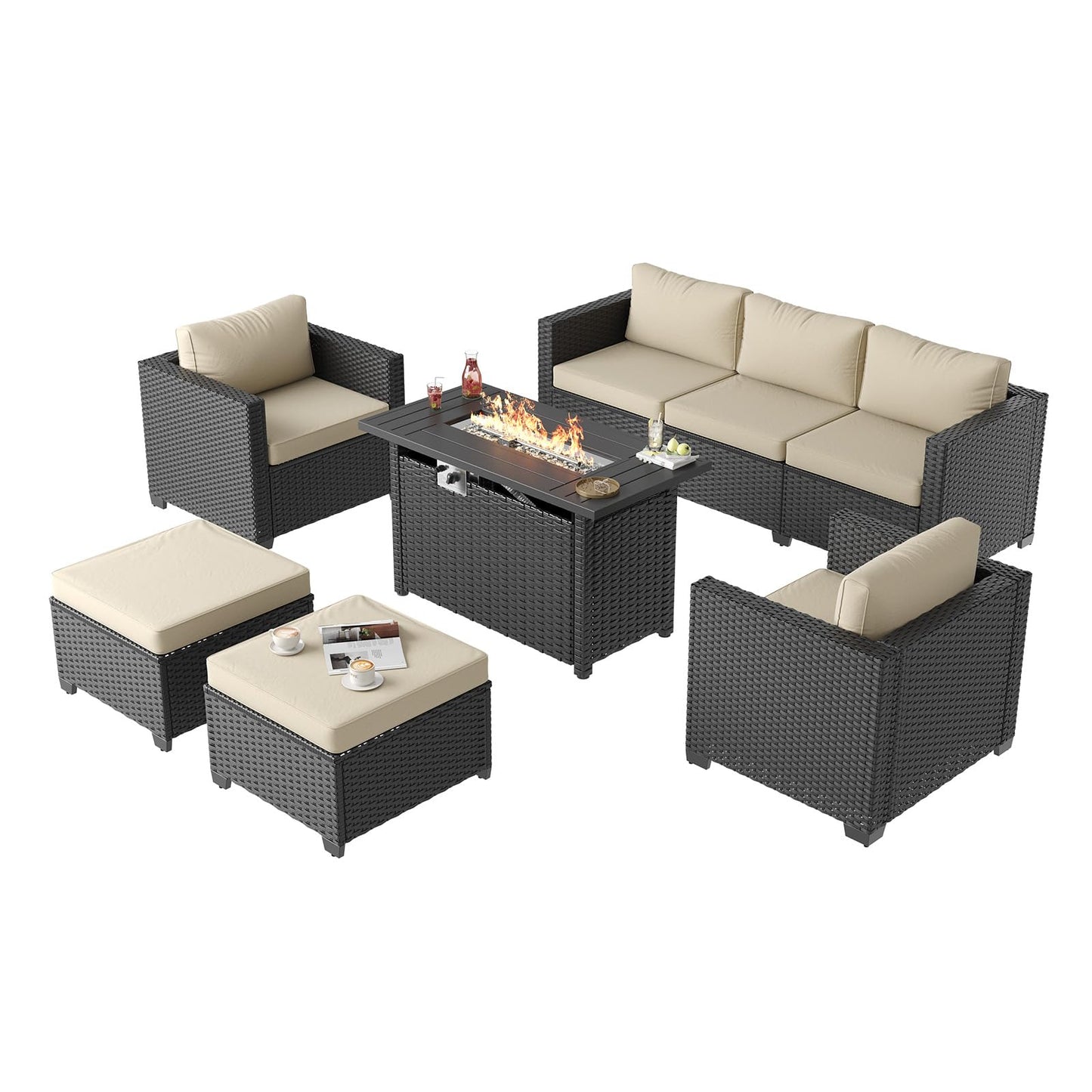 Aoxun Patio Furniture Set with Fire Pit Table, 6 Piece Outdoor Furniture Set with Wicker Ottomans, Rattan Outdoor Sectional Sofa with Thickened Cushion & Waterproof Cover Beige