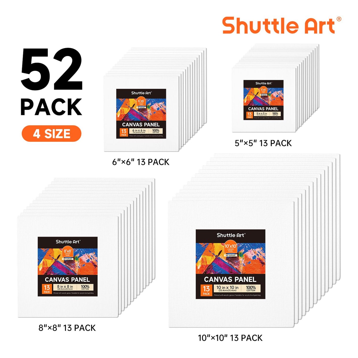 Shuttle Art 52 Pack Canvas for Painting, Multi-Size 5x5/6x6/8x8/10x10 Inch Blank Canvas Boards for Painting, 100% Cotton Primed White Art Canvas, Ideal Art Supplies for Kids Adults Acrylic OilPainting