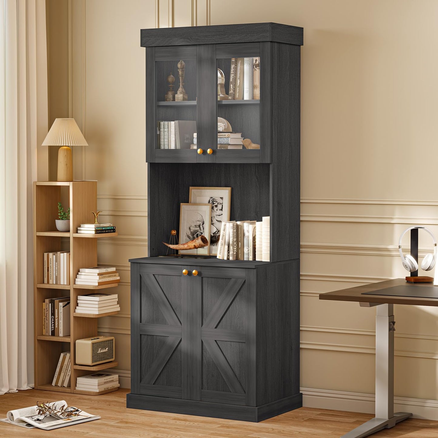71" Black Farmhouse Kitchen Pantry Cabinet Set of 3— Freestanding Coffee Bar with Glass Doors or Drawers, Microwave Stand, Large Storage Hutch with Adjustable Shelves for Living Room and Kitchen