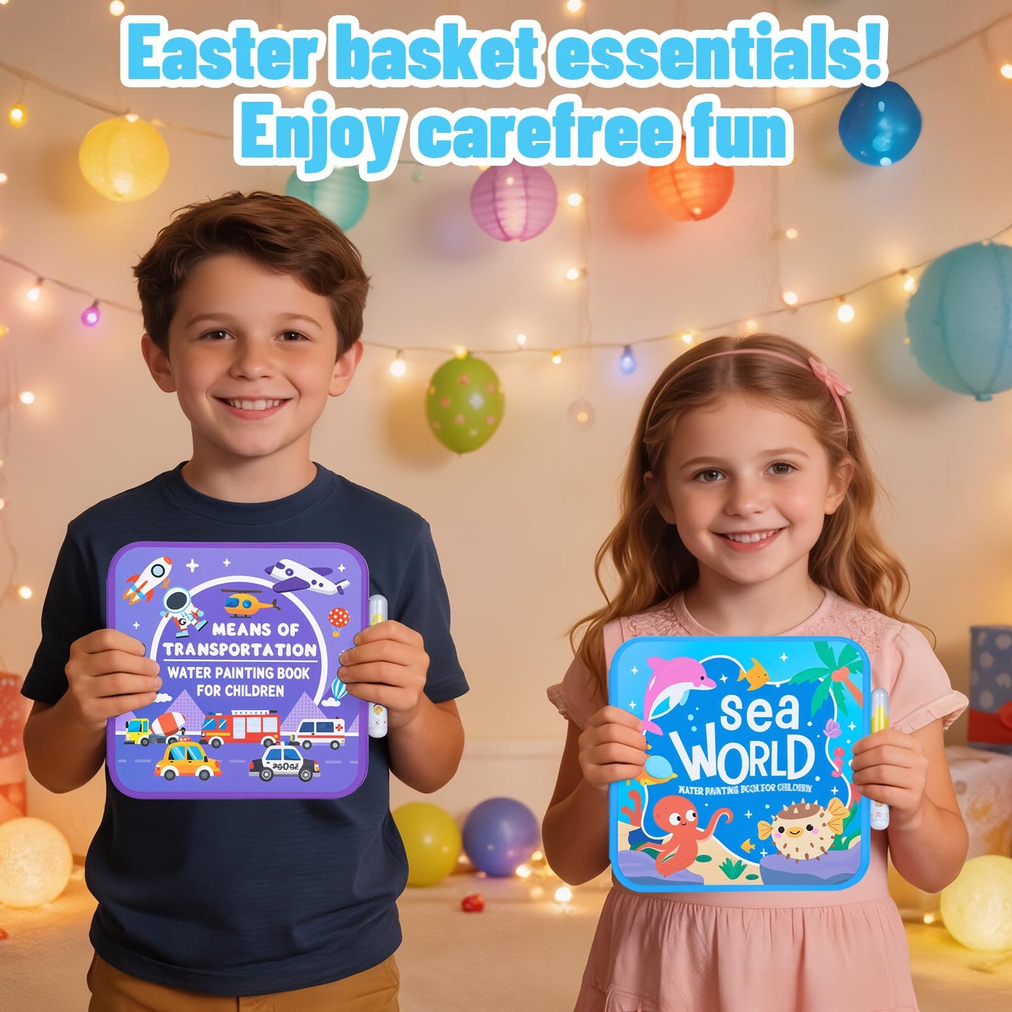 AIR BLOW Reusable Water Coloring Book for Kids, Magic Water Painting Books Toddler Travel Toys, Mess-Free Educational Activity Set, 3 Books with 3 Pens, Animal Ocean Transportation Daily Life YW1