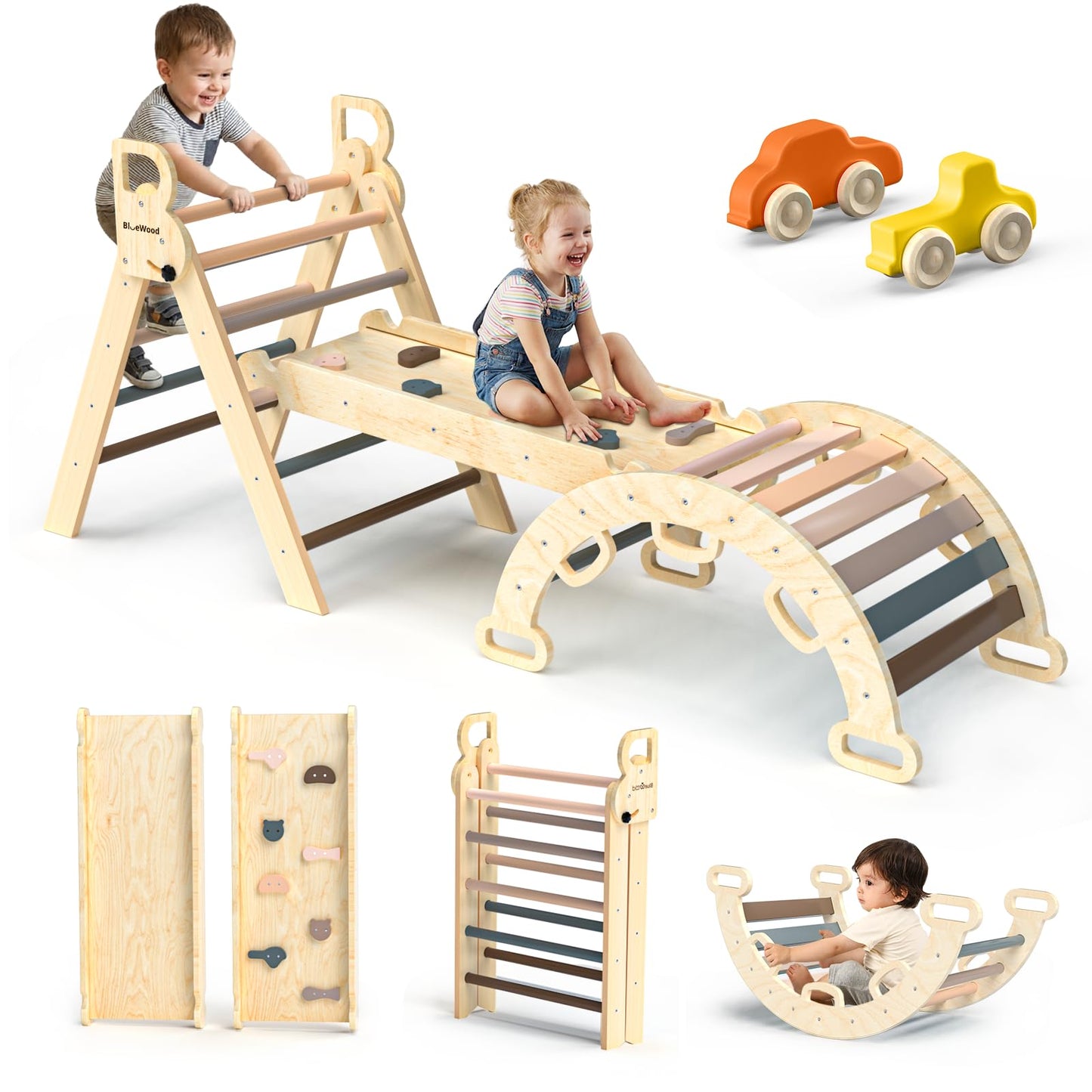 BlueWood Pikler Triangle Set 7in1 Foldable Baby Climbing Toys Wooden Montessori Climbing Set with Arch&Ramp&Ladder Baby Climber Indoor Jungle Gyms for Toddlers Montessori Toys - Mauve Pink