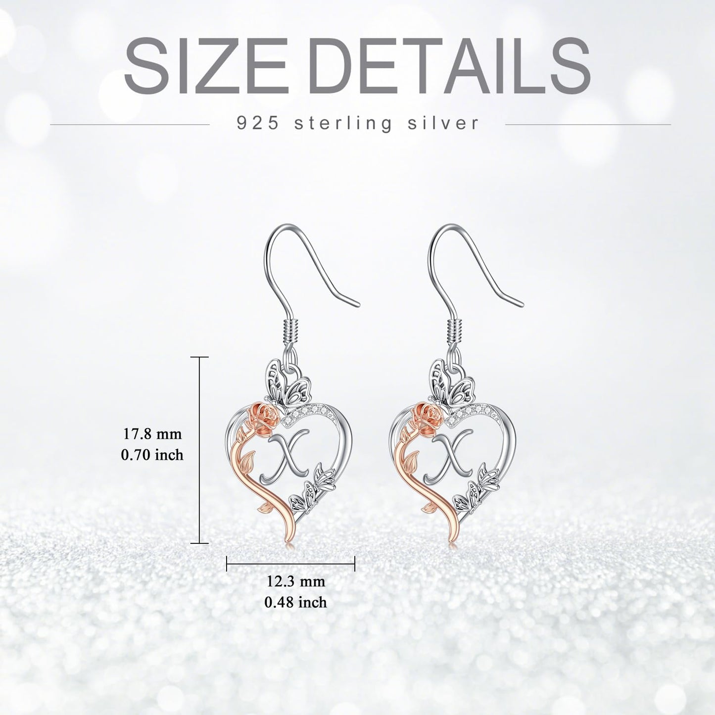 TOUPOP Rose Heart Initial Earrings Sterling Silver Butterfly Earring Initial X Letter Drop Dangle Earrings Jewelry Anniversary Birthday Mothers Day Gifts for Women Mom Wife Girlfriend Her