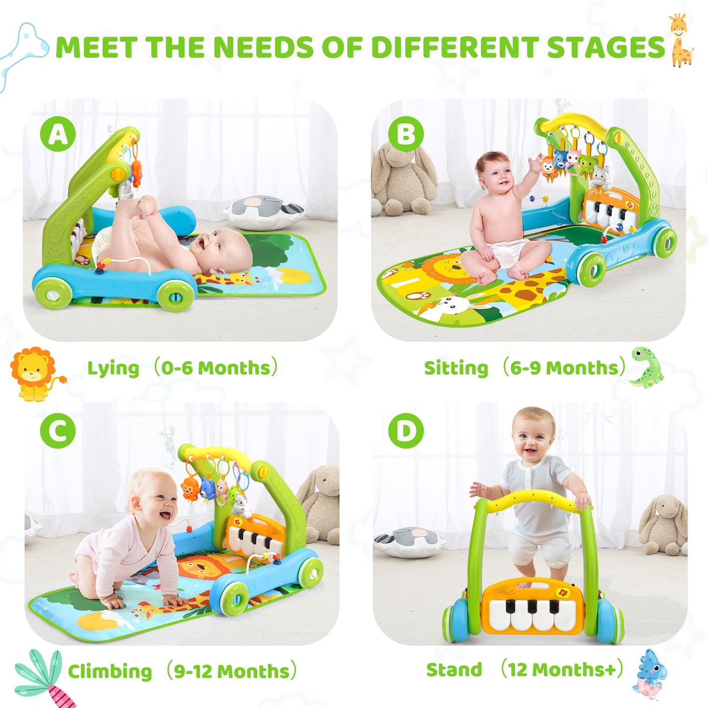 4-in-1 Baby Gym Play Mat with Learning Walker, Tummy Time Mat & Baby Push Toys for Newborn Infant 0-3-6-9-12 Month Boy Girl, Babies Activity Center with Play Piano & Lights, Ideal Toddler Baby Gifts