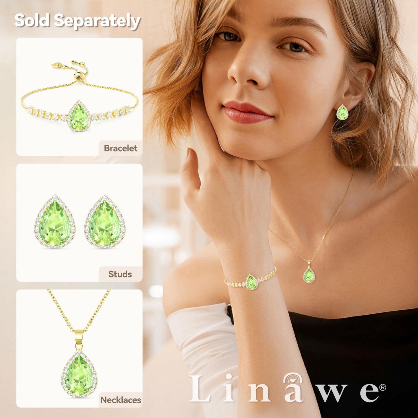 Linawe Green Gold Stud Earrings for Women, Imitation Diamond Morganite Emerald Cubic Zirconia Bridal Earrings, Iridescent Lime Green Teardrop Earrings Studs Rhinestone Crystal