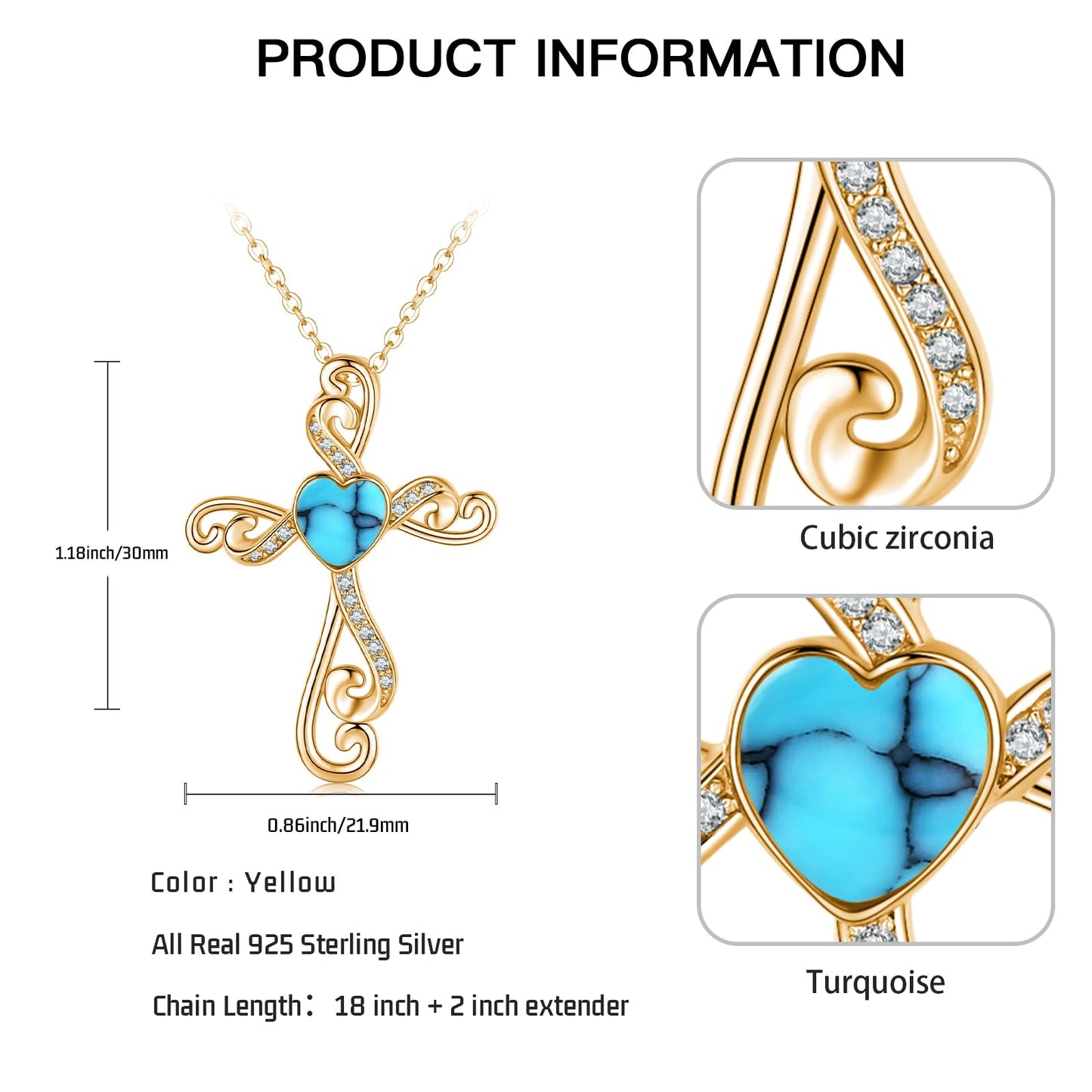 Twoowl 14K Gold Plated Cross Necklace 925 Sterling Silver Turquoise Christian Pendant Religious Catholic Jewelry Gifts for Mom Women