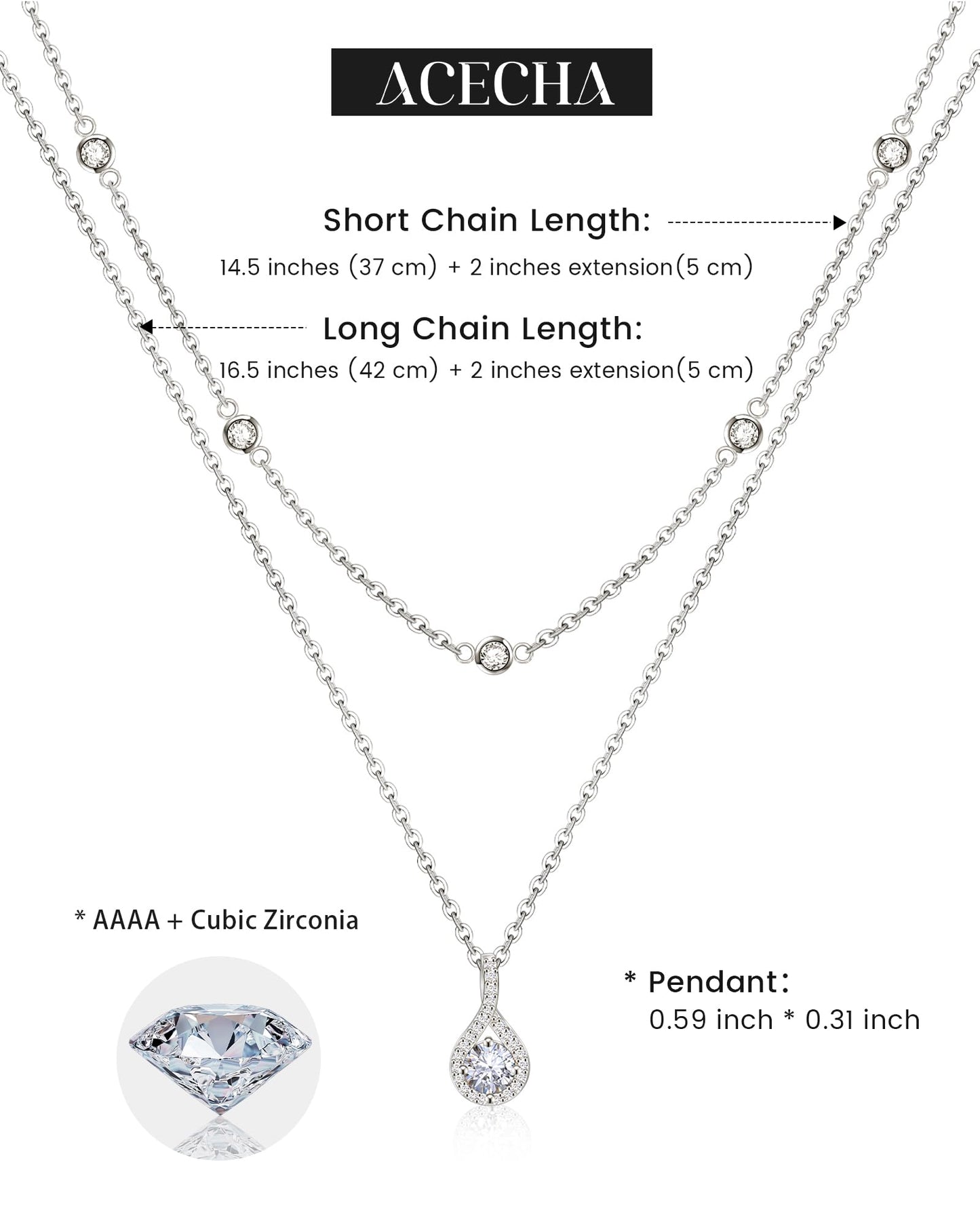 ACECHA Diamond Necklaces for Women-Dainty 18K Gold Silver Plated Choker CZ Layered Pendant with Pearl Diamond Zircon Cross Trendy Minimalist Necklace Jewelry Gifts For Women (silver-layered teardrop)