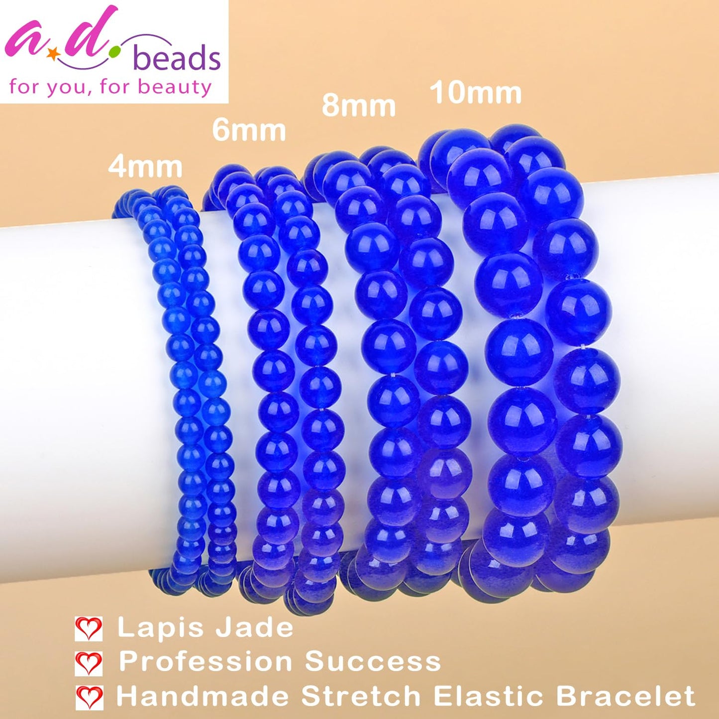 AD Beads Handmade Gemstone Stretch Elastic Bracelet Crystal Healing Reiki Nature's Beauty and Spiritual Essence Unisex (8mm, Blue Lapis Jade (Profession Success))