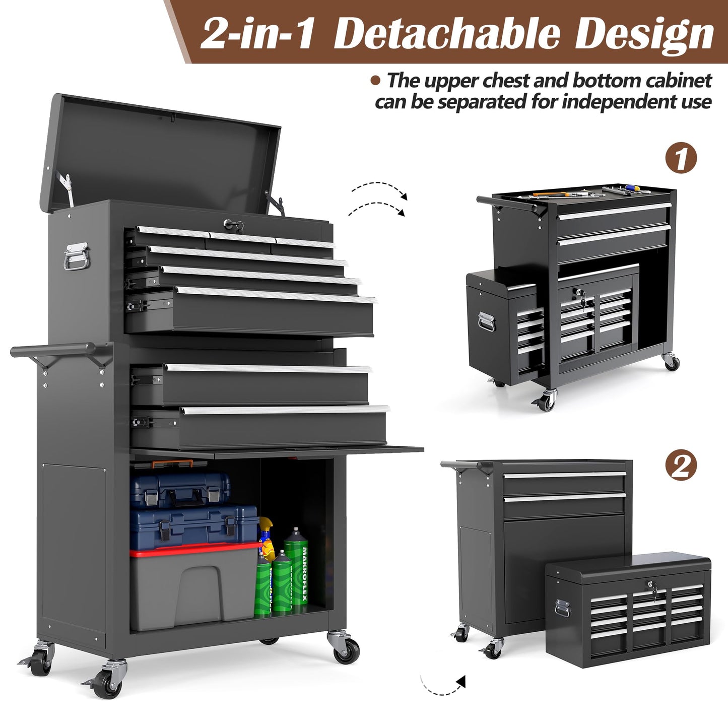 Raysfung Tool Chest, 8-Drawer Tool Chest, 2-in-1 Rolling Tool Storage Box with Lockable Wheels & Sliding Drawers, Detachable Top Tool Box, Metal Tool Storage Cabinet for Garage, Workshop