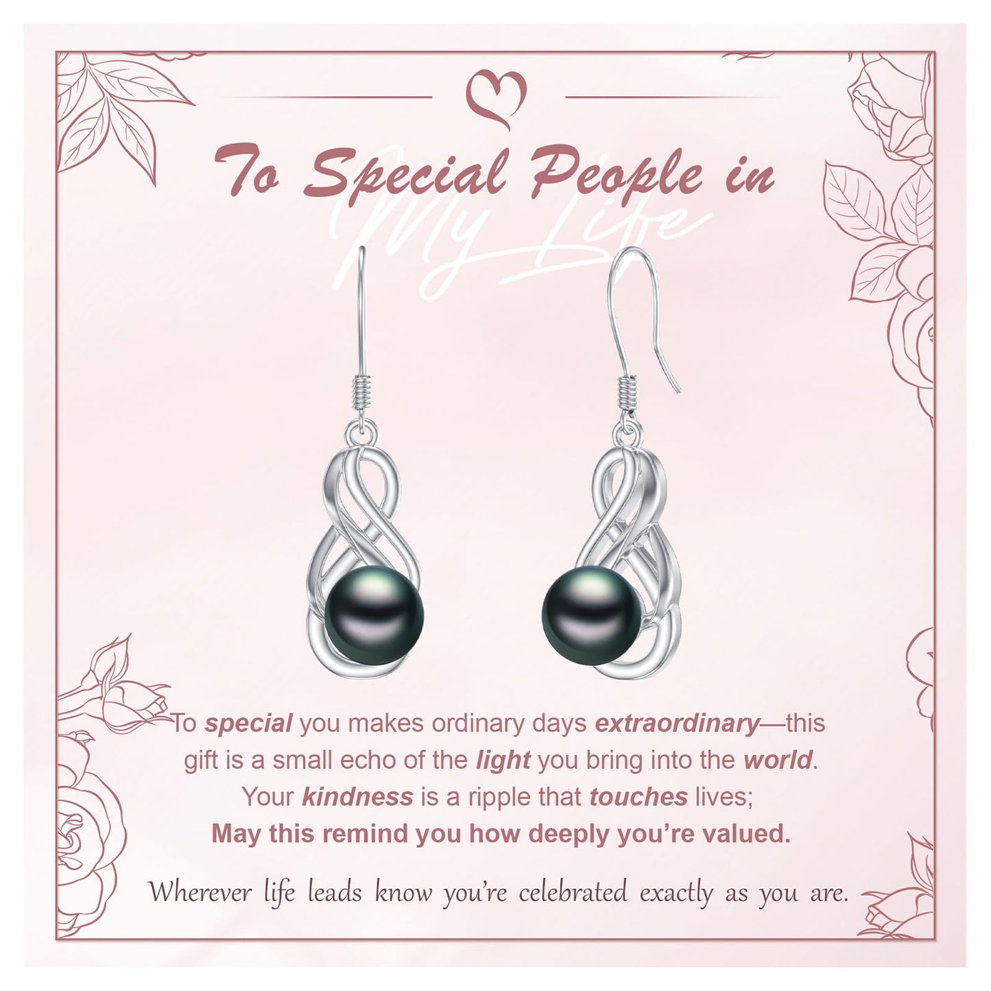 KANNSOAR 7MM Tahitian Black Pearl Dangle Drop Earrings, 18K White Gold Plated Sterling Silver Everyday Infinity Earrings for Women Wife Girlfriend Jewelry Gift for Anniversary Birthday Christmas