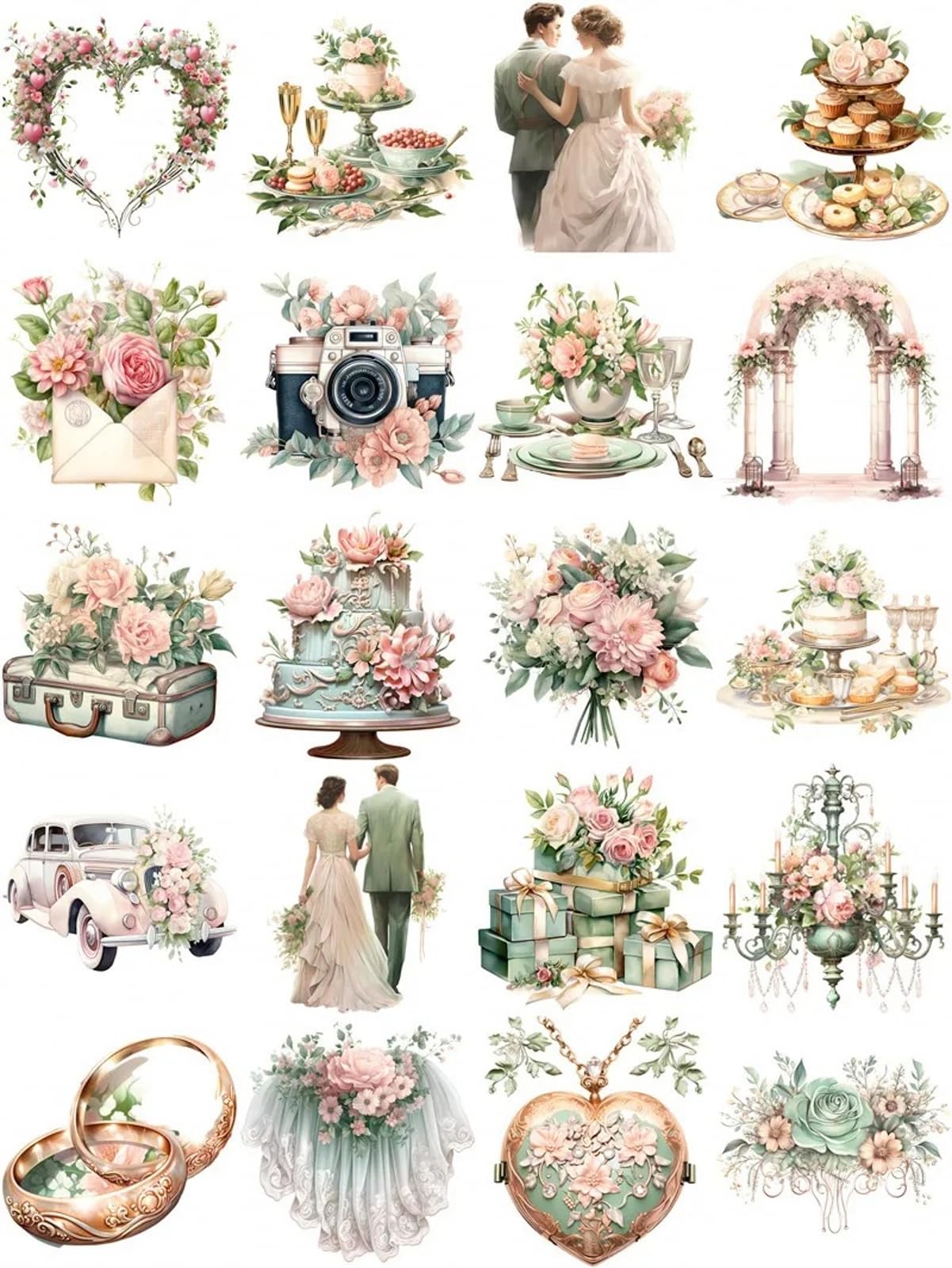 TIAMECH Wedding Lover Paper Stickers - 72 Pcs Bride Couple Rings Party Cake Design, Waterproof Sticker for Journaling & Scrapbooking, Junk Journal Supplies, Ephemera & DIY Crafts
