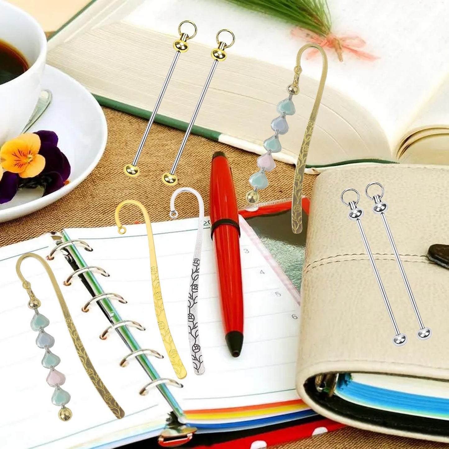 YFXJC 12 Pcs Beadable Bookmarks DIY Metal Blank Bar Bookmark for Beads Metal Bookmark Hairpin Hook Carved Antique Vintage Bookmarks Gift for Book Lovers Student Teacher Office Supplies, Silver+Gold