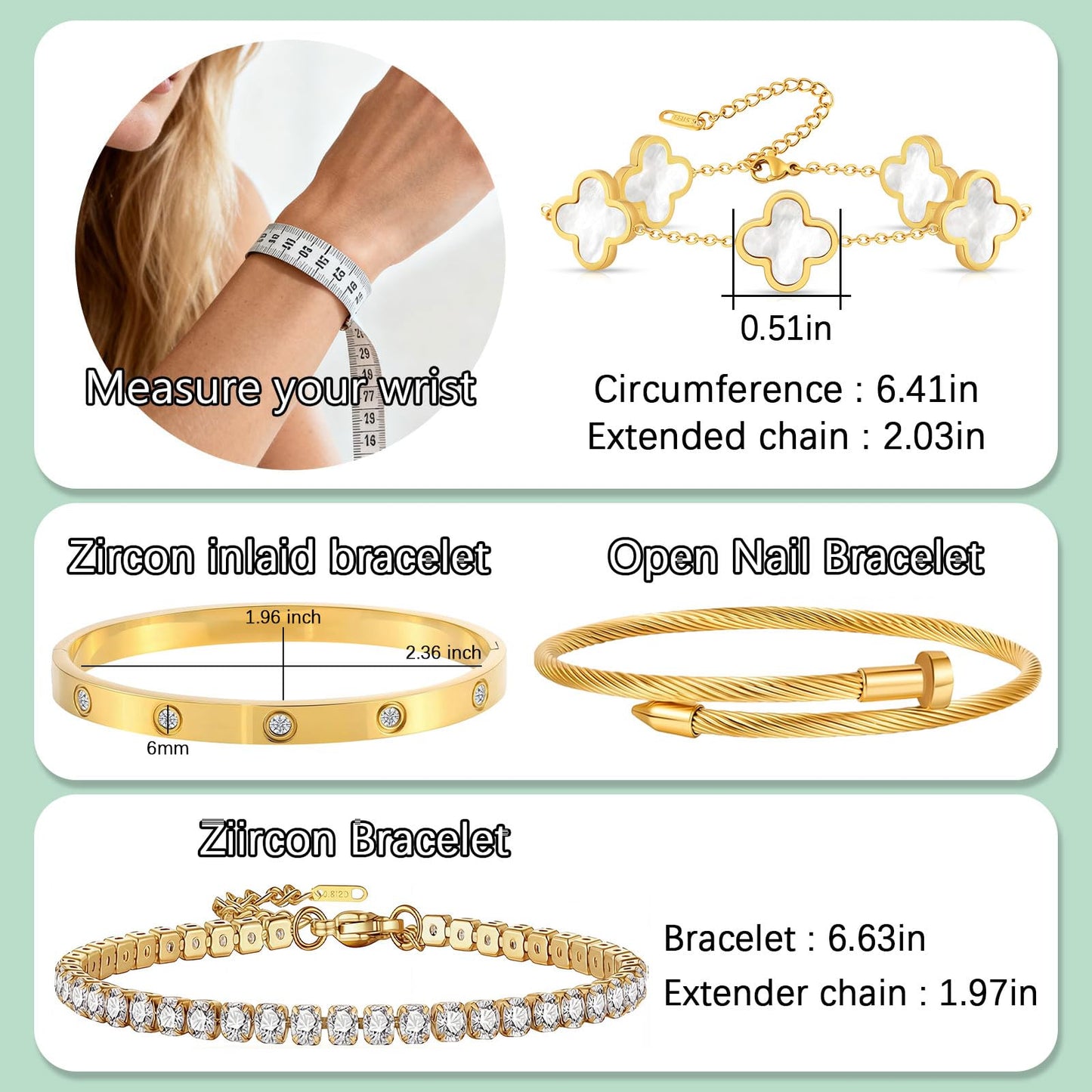 Gold Bracelets for Women, 18K Gold Plated Women Tennis Bracelets Clover Nail Love Bangle Bracelet Set, Gold Bracelet Stackable Set Trendy Jewelry, Gifts for Women's Day and Mother's Day (09-Color- 4 White)
