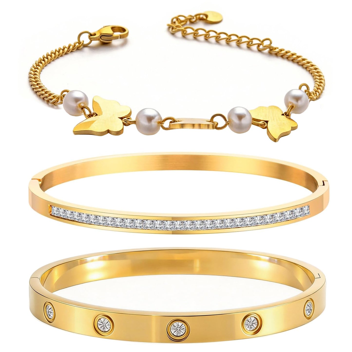 Women's Stacking Bangle Bracelets Set, 18K Gold Plated Pearl Butterfly Handchain Nail Love Bracelet Non Tarnish Gold Jewelry Trendy Waterproof Bangles Set for Women Valentines Birthday Christmas