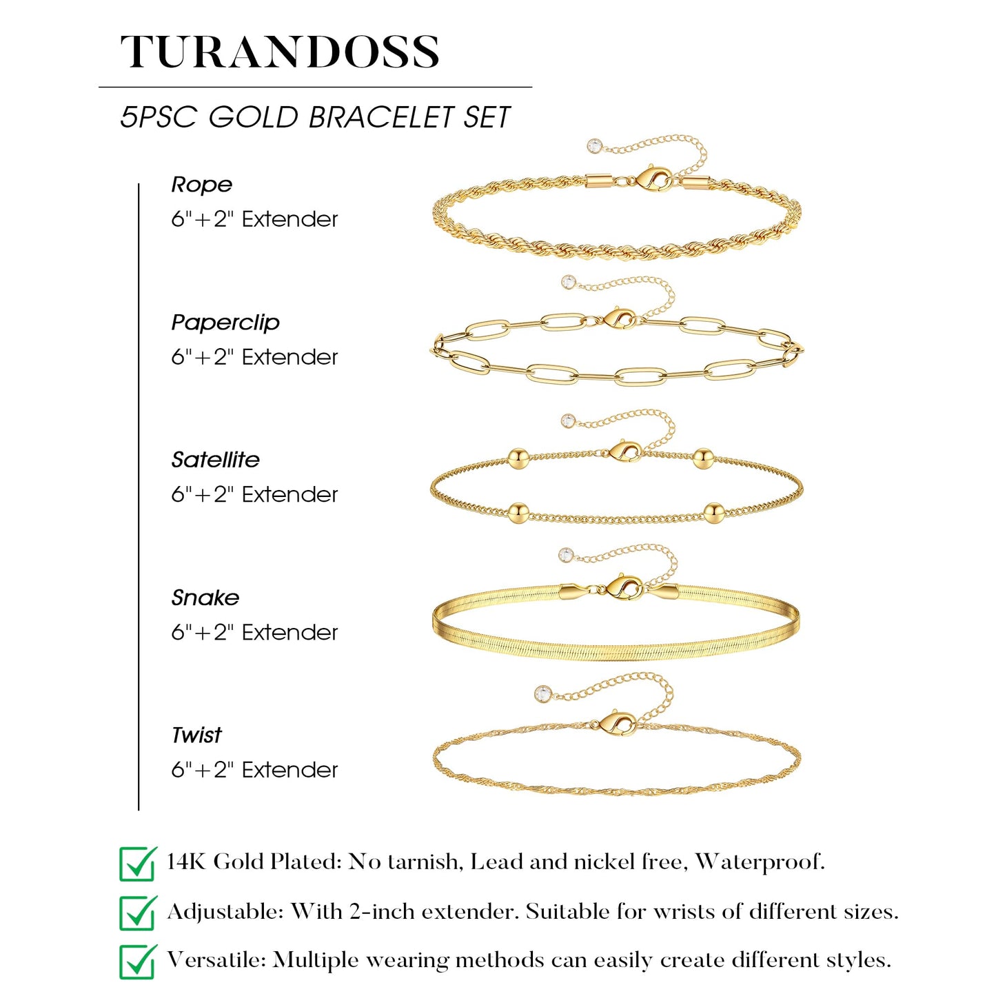 Turandoss Gold Bracelets Stack for Women, Dainty 14K Gold Plated Stackable Bracelet Set Adjustable Paperclip Rope Snake Satellite Box Chain Bracelet Waterproof Non Tarnish Jewelry Gifts