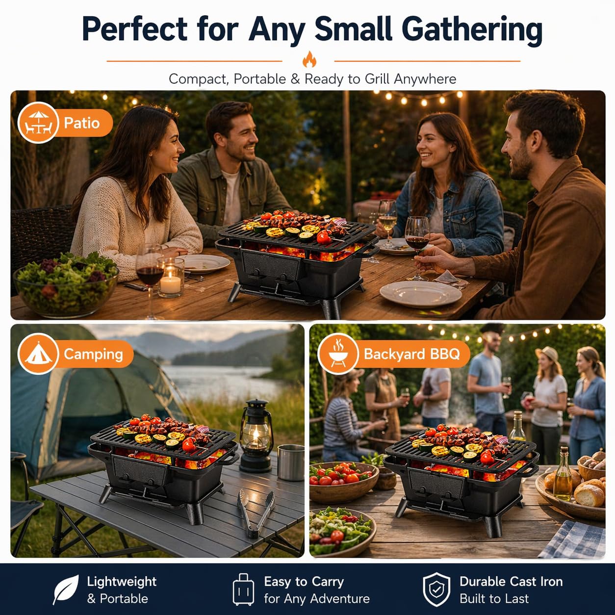 Hibachi Grill Outdoor, Portable Mini Charcoal Grill, Pre-Seasoned Cast Iron, Small Japanese Yakitori Tabletop Skillet Grill Stove for Outdoor Camping
