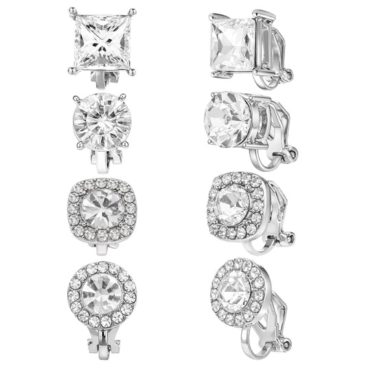 4 Pairs Cubic Zirconia Clip on Earrings, Cubic Zirconia Stud Earrings for Women Mens Stainless Steel Stud Earring in Square, Round & Teardrop Shapes CZ Stud Earring Set for Women