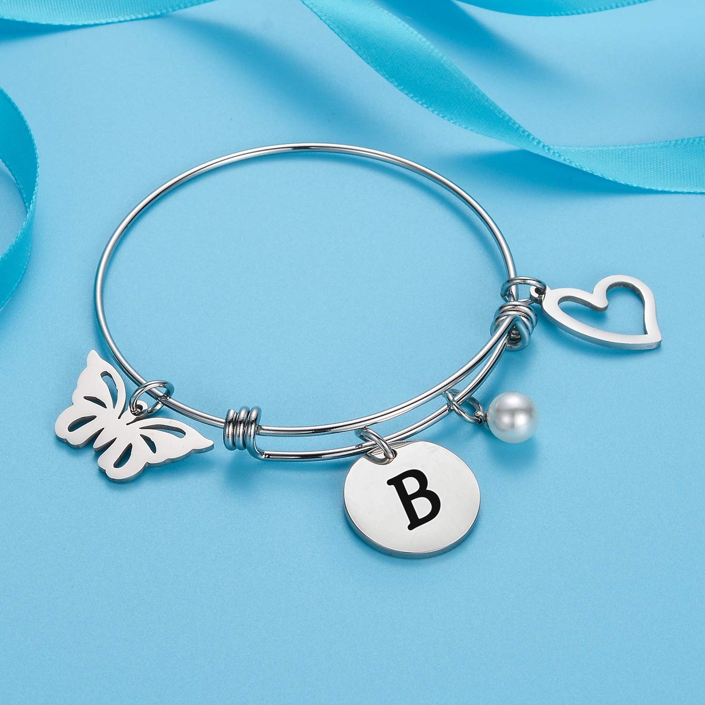 malyunin Initial Bracelet Charm Bracelets Heart Butterfly 26 Letters Alphabet Bracelet for Women Letter Bracelet Personalized Jewelry (B)
