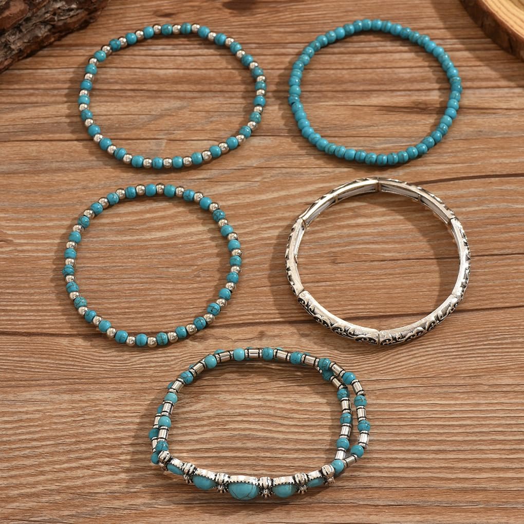 Navirix Western Bracelet for Women,Boho Turquoise Beaded Stackable Elastic Bracelets Set,Vintage Concert Country Cowboy Jewelry Accessories(Oval)
