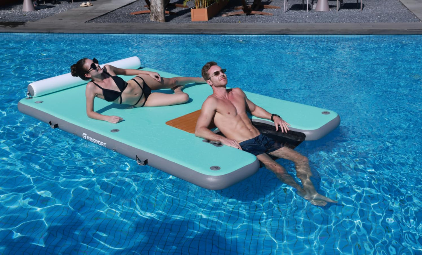 FBSPORT Inflatable Floating Dock with Boat Ramp,Non-Slip Air Dock Floating Platform with Mesh Lounger and Headrest,Inflatable Island Water Raft for Pool Lake Beach Ocean