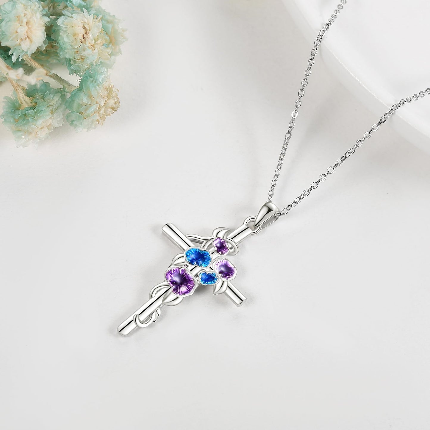 Morning Glory Cross Necklace for Women 925 Sterling Silver Morning Glory Pendant Necklace September Birth Flower Jewelry Gifts