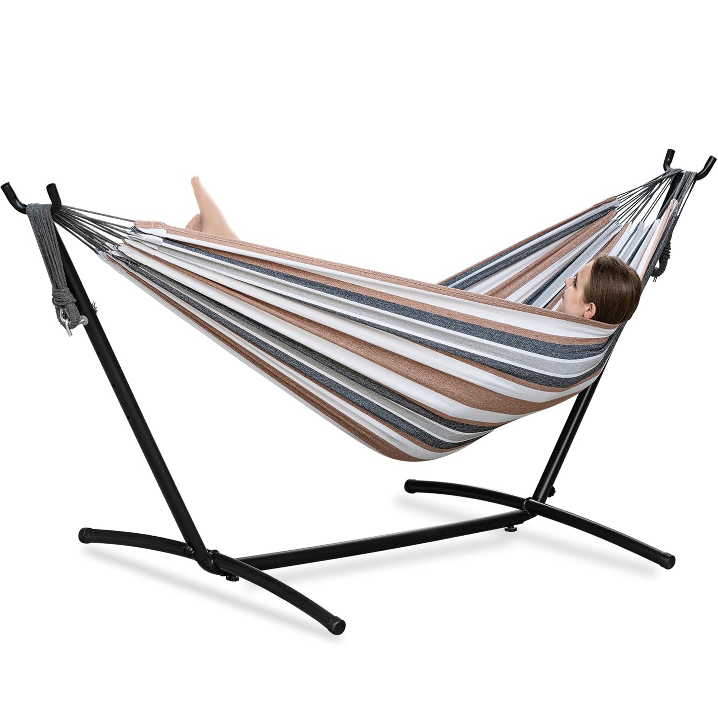 PNAEUT Double Hammocks with Stand for Outside, Portable Space Saving Heavy-Duty Steel Frame for Indoor Outdoor Patio Yard, Easy Assembly, 2 Person 450 lbs Capacity (Coffee)