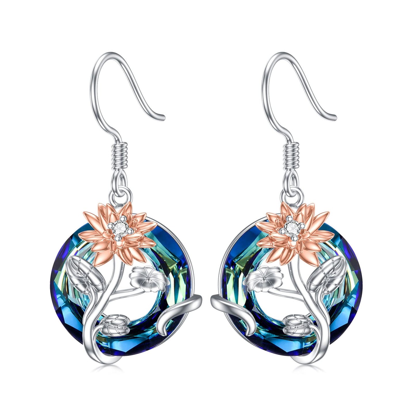 TOUPOP July Birth Flower Earrings Lotus Drop Dangle Earrings Blue Crystal Jewelry Birthday Mothers Day Gifts for Women Mom Her