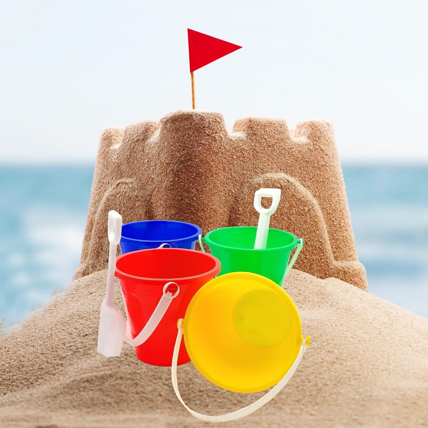 The Dreidel Company Beach Day Playsets (Pack of 12) 5.25" Sand Bucket Play Set Box Includes, Pail & Shovel Sand Toy for Boys and Girls Birthday Party Favor