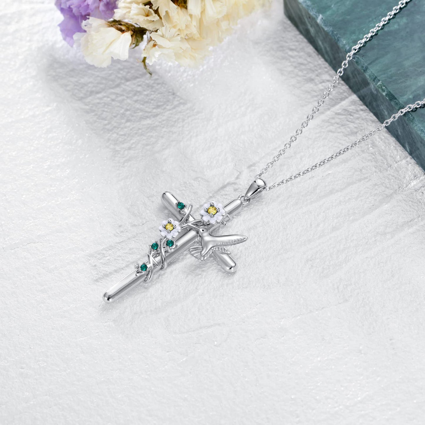 Flpruy Hummingbird Cross Necklace 925 Sterling Silver Hummingbird Gifts Cross Pendant Necklace for Women