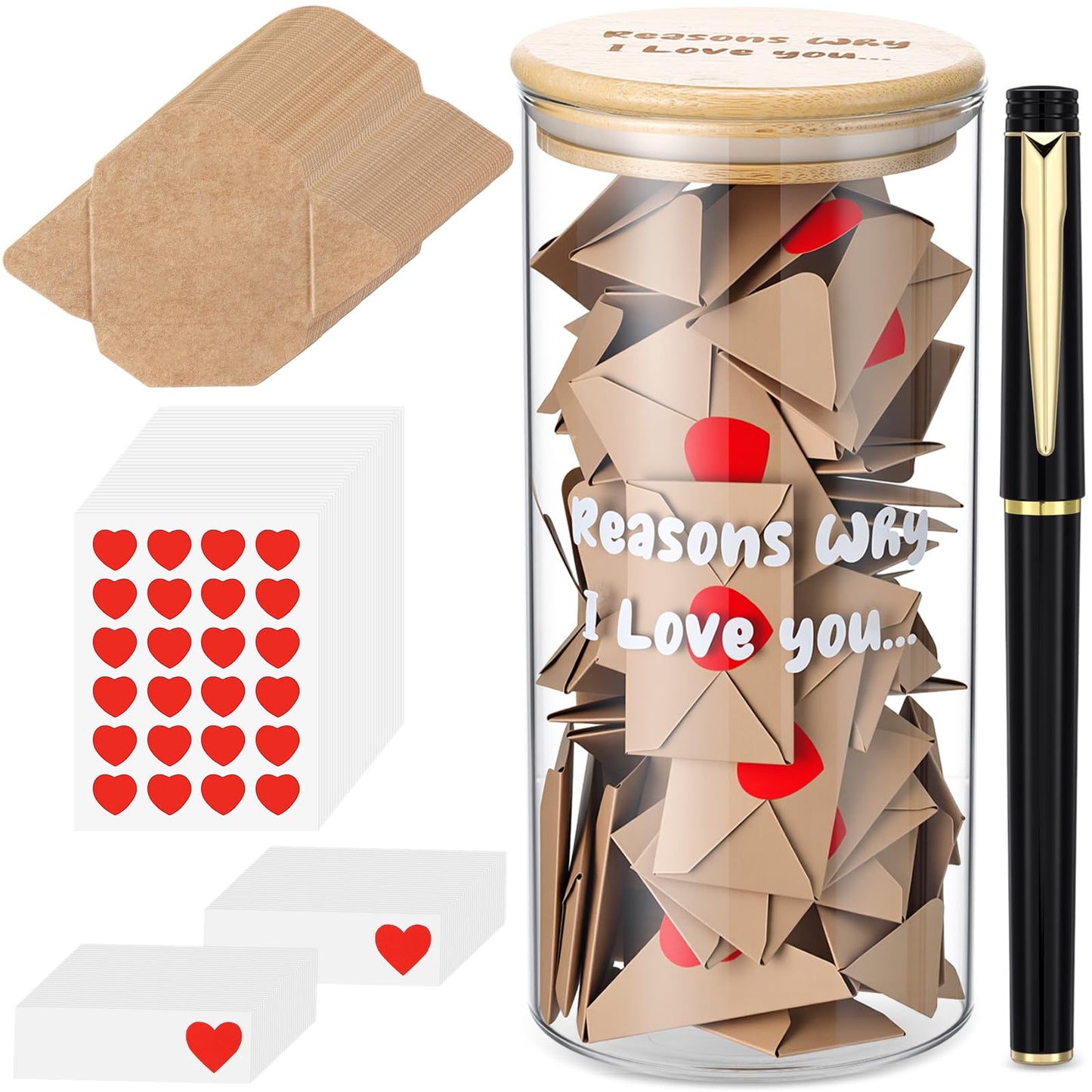 Mimorou I Love You Because Jar Love Message Jar with 120 Envelopes, 120 Note Cards, 120 Heart Stickers, and 1 Pen, Bridal Couple Gifts for Mother Girlfriend Boyfriend Birthday Wife Husband