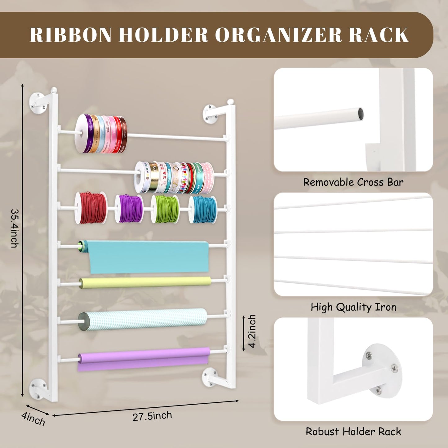 Yonynise Ribbon Storage Organizer,Wall Mounted Ribbon Holder Rack,7 Tier Large Capacity Metal Ribbon Storage for Craft Room,Flower Shop,Cake Shop,Gift Wrapping Paper,White