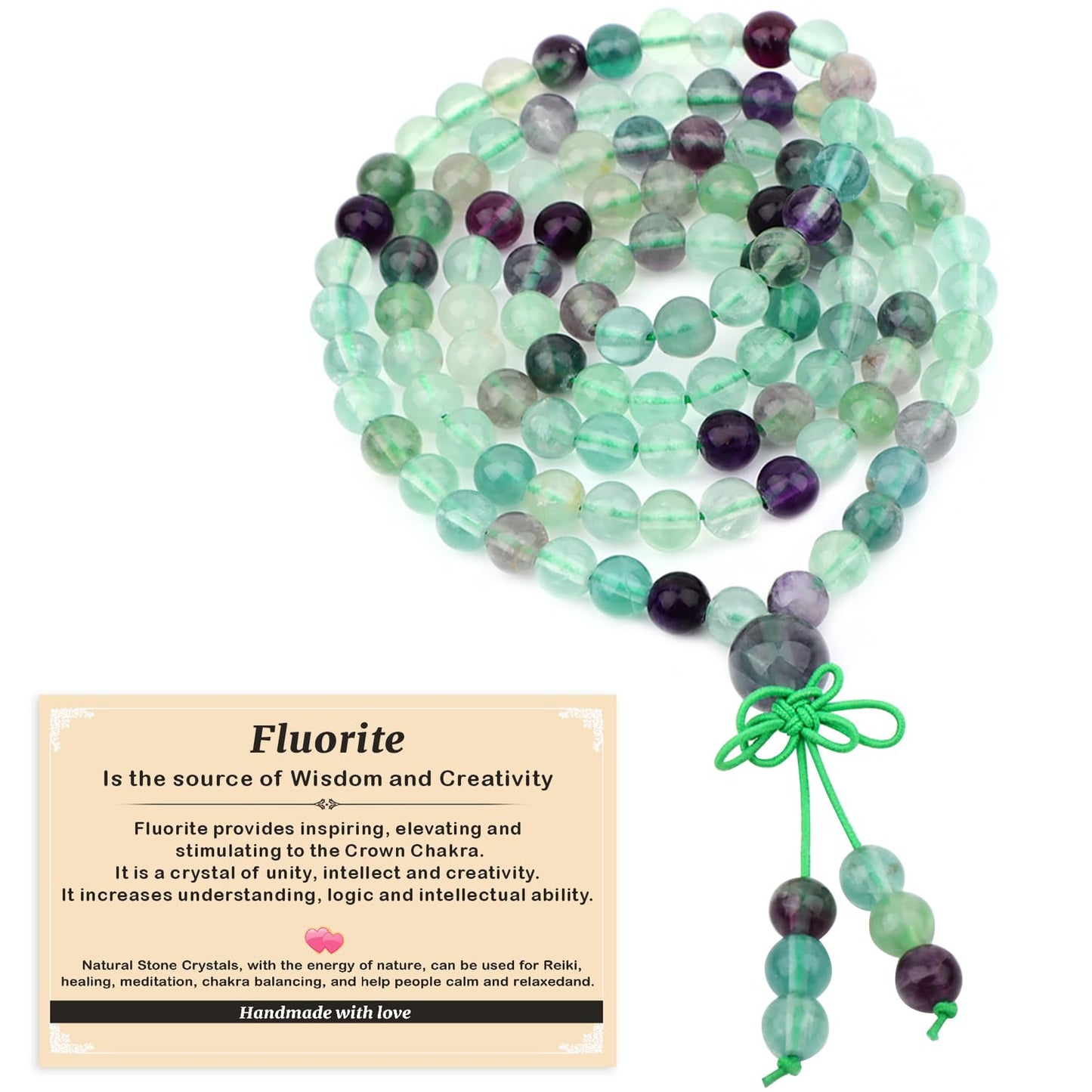 AD Beads 6mm 108 Prayer Mala Fluorite Elastic Bracelet - Wisdom and Creativity - Handmade Yoga Meditation Healing Power Energy Gifts for Unisex Adult.