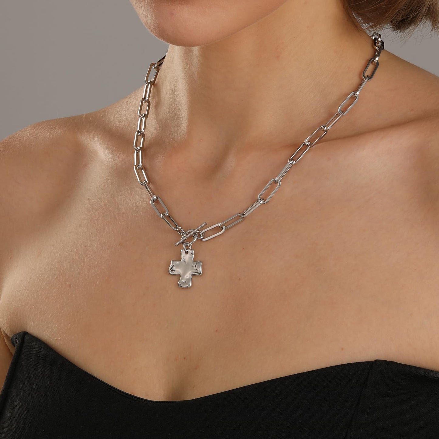 Bheop Chunky Cross Necklace for Women Trendy Silver Plated Statement Cross Pendant Charm Necklace Toggle Clasp Long Big Paperclip Faith Chain Costume Jewelry Gift Non Tarnish 2CM