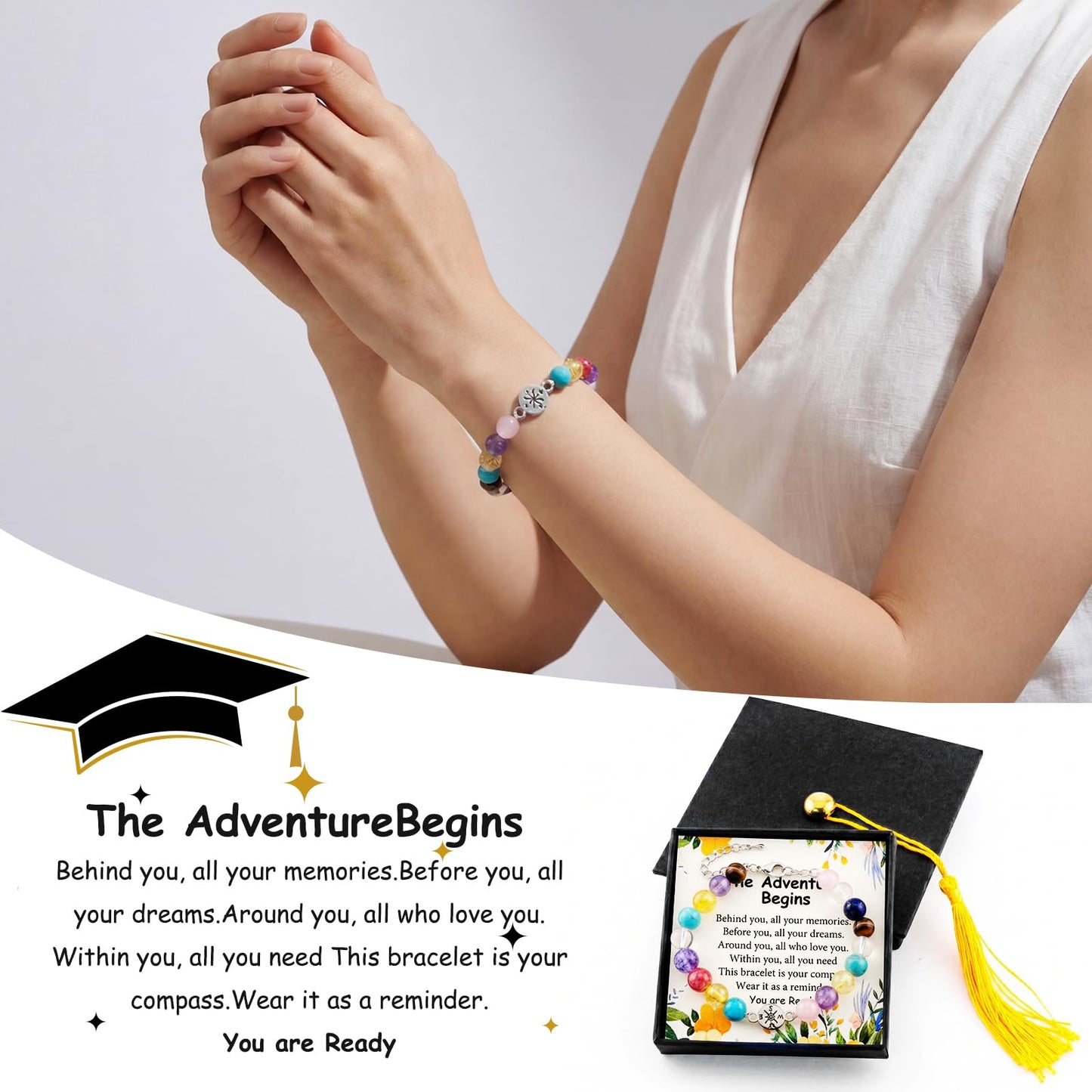 Graduation Bracelet Set 2026 for Him & Her, Natural stone Beaded Bracelet with 7 Chakra Stones or Matte Style, Compass Keychain, Card & Gift Box for High School College Grad (Vibrant Chakra)