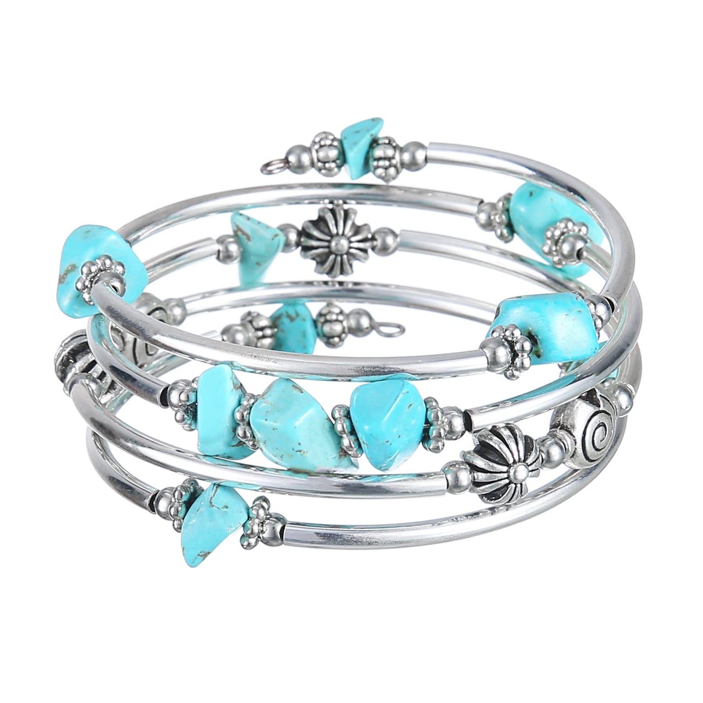 FULU AUTUMN Stone Silver Bangle Wrap Bracelet Boho Turquoise Crystal Chips Bead Bracelets Fashion Jewelry Birthday Gifts for Women(19-Turquoise)