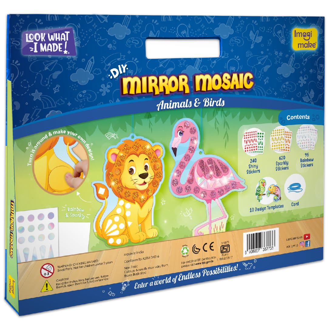Imagimake Mirror Mosaic - Animals & Birds | 10 Templates, 950+ Stickers | DIY Dot Art Set | Craft Kits for Boys Ages 3-5 | Mess Free Kids Travel Activities | 3,4,5,6,7 Year Old Girl Birthday Gift