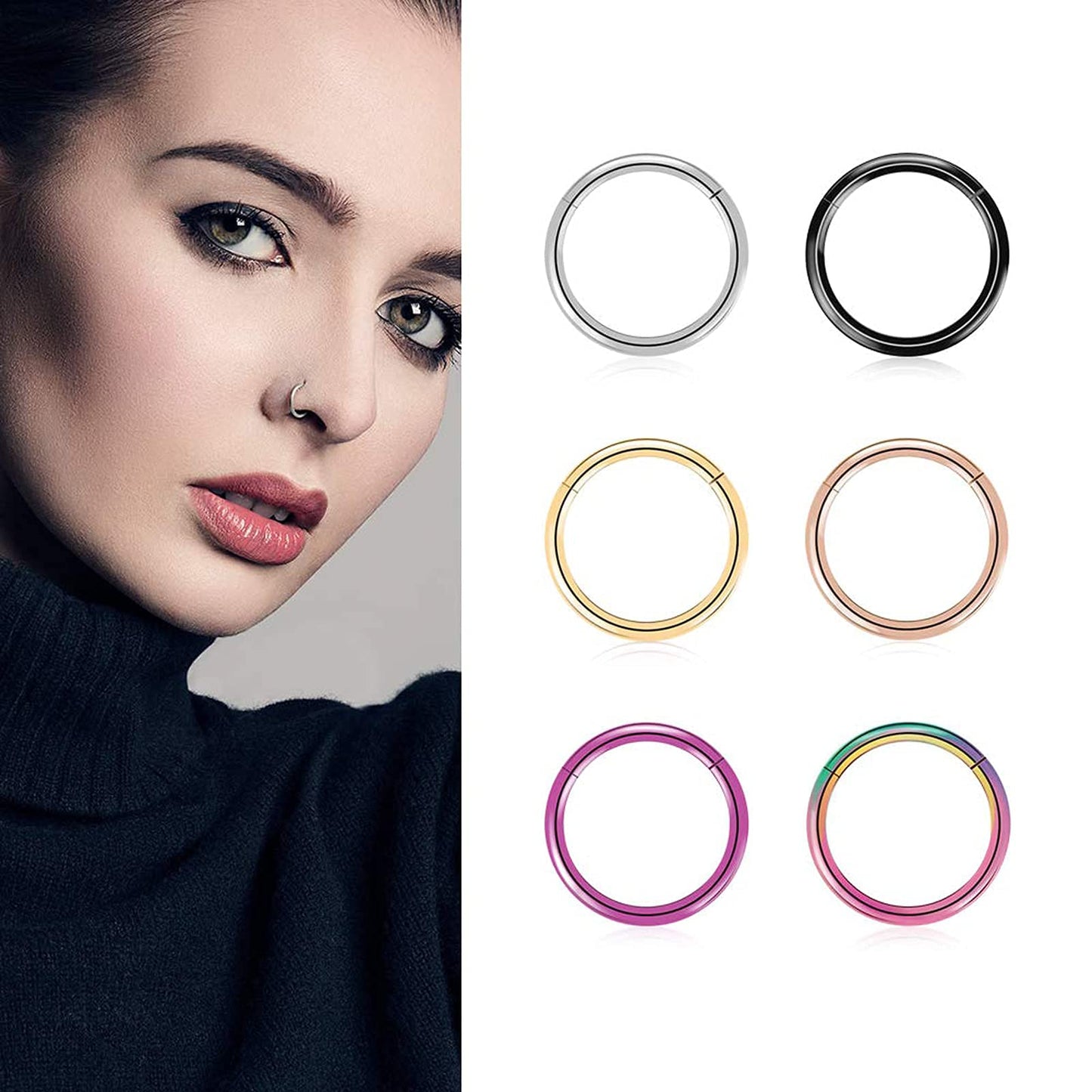 arvinpiercing BOGKU 6pcs G23 Titanium Hinged 16g Nose Rings Hoop 16 Gauge 12mm Nose Septum Clicker Segment Rings Cartilage Conch Tragus Helix Rook Hoop Earring Nose Ear Piercing Hoops
