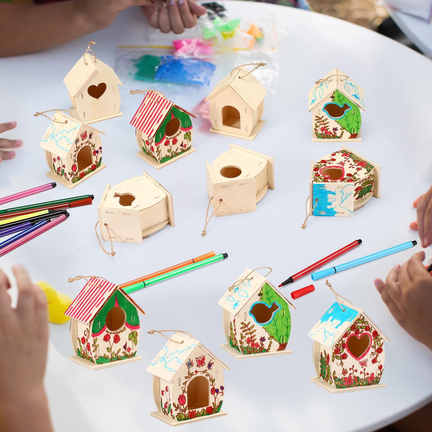 Outus 24 Pcs Wooden DIY Birdhouse Kits for Kids to Build, 4 Shapes Birdhouse Kit Wooden Unfinished with Butterfly Sticker for Boy Girl Arts Crafts(Cute)