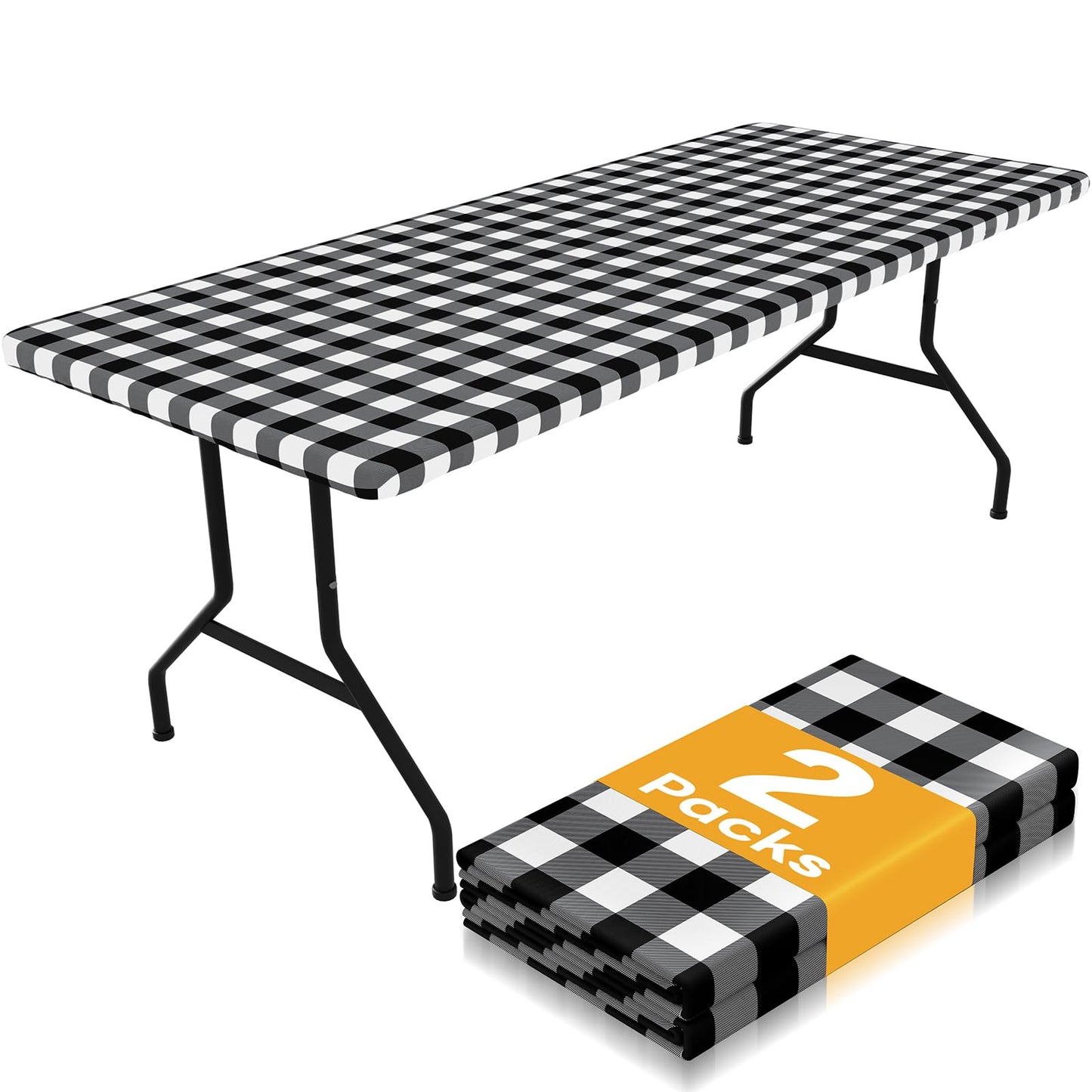 Smiry Picnic Table Cloth 2 Pack, Waterproof Elastic Fitted Tablecloths for 6FT Rectangle Tables, Washable Polyester Buffalo Plaid Tablecloth for Camping, Dining & Outdoor (Black & White, 30" x 72")