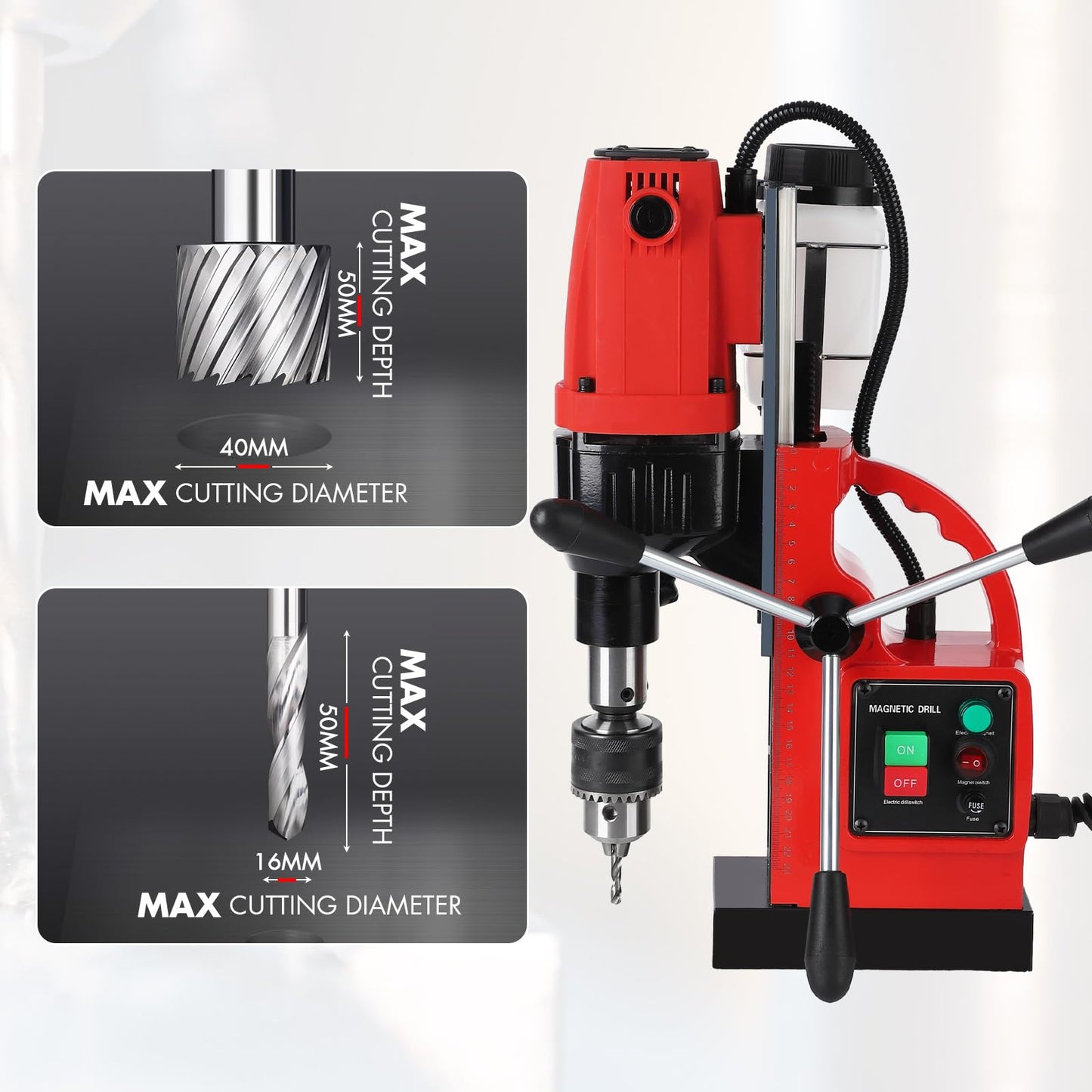 COZONY Mag Drill Press, 1100W 550RPM Portable Magnetic Drill Press, Magnetic Core Electric Drilling Machine for Metal Working,14Pcs Annular Cutters Drilling Bits，Red