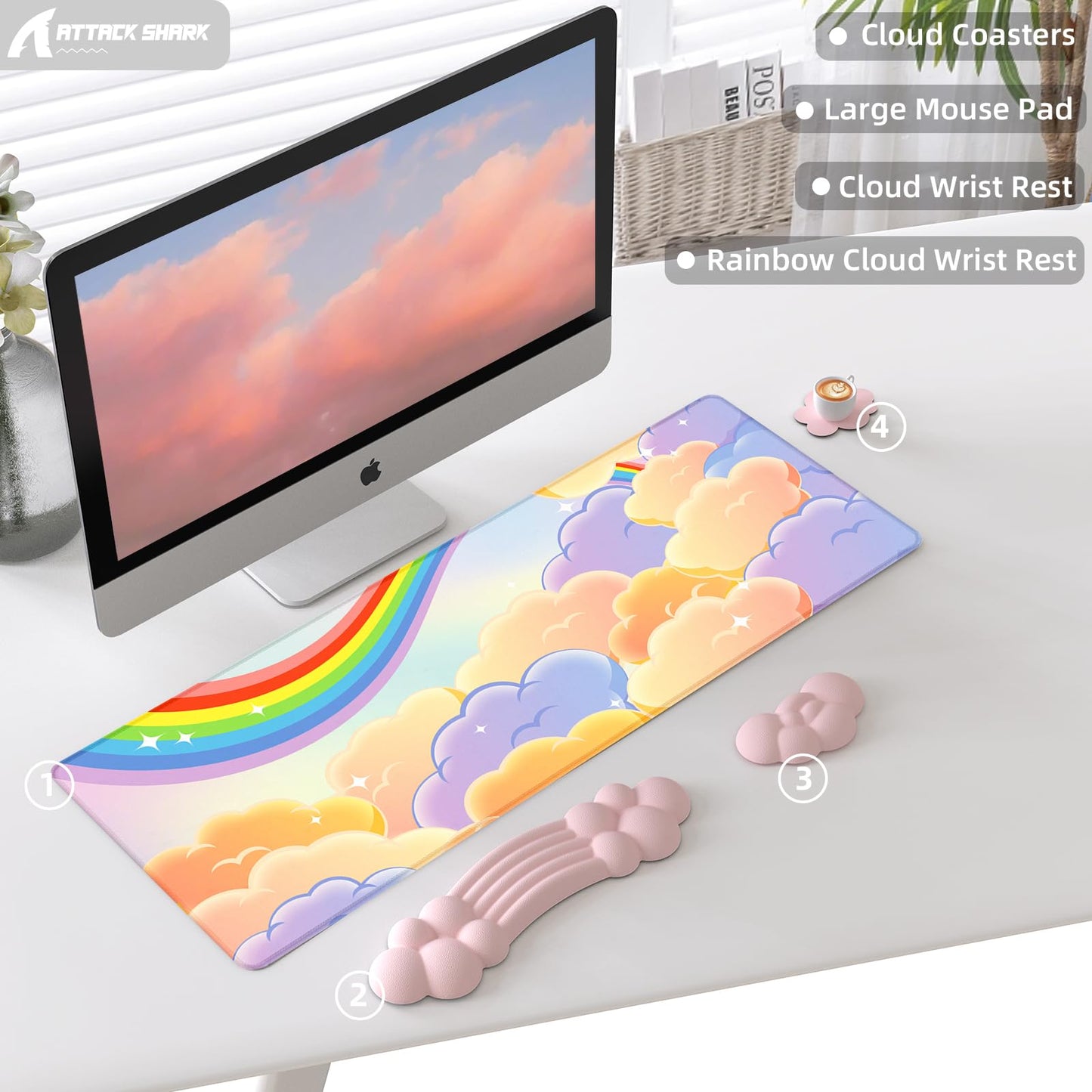 ATTACK SHARK Cloud Wrist Rest Mousepad Set for Gaming Keyboard and Mouse(31.3x11.6in) XXLarge Desk Mat Gel Wrist Support,PU Soft Memory Foam,Pain Relief,Non Slip Office Supplies for PC/Laptop-Pink